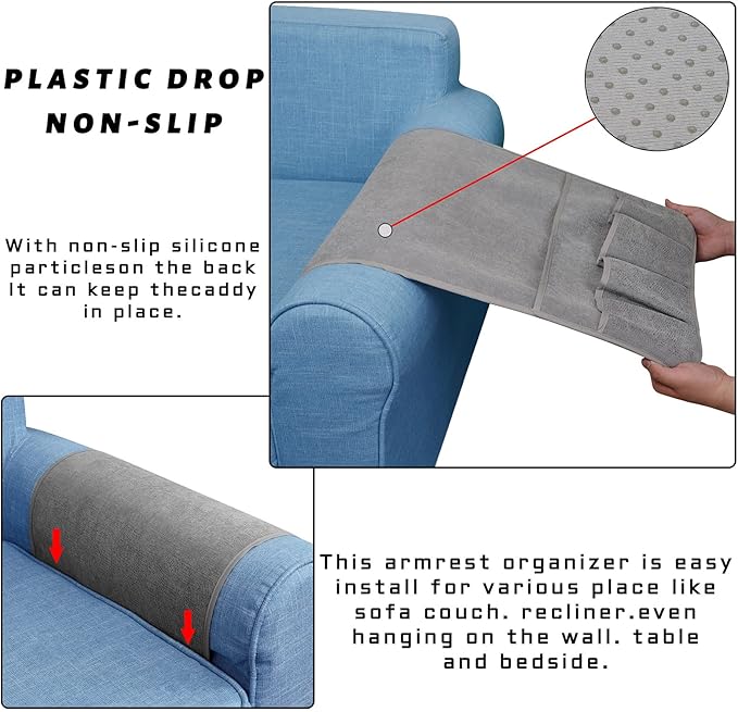 NB Remote Control Holder，Bedside & Armchair & Couch Caddy with Non-Slip Base，5 Pockets Oxford Fabric Bed Desk Storage Pocket for Phone Tablet Kindle Magazines，Gifts for Seniors (Gray, 35"X12.4")