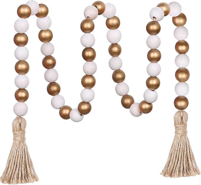 Meplait Wood Bead Garland,39in Farmhouse Beads with Tassels Boho Beads for Tiered Tray Decorative Beads Home Decor（Gold & Wash White）