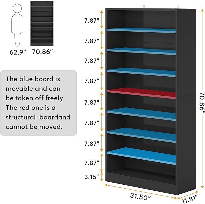 Tribesigns Tall Shoe Cabinet, 9 Tiers 40-45 Pairs Heavy Duty Wood Freestanding Shoe Storage Cabinet, 70.8'' Tall Shoe Cabinet with Open Storage for Entryway (1, Black)
