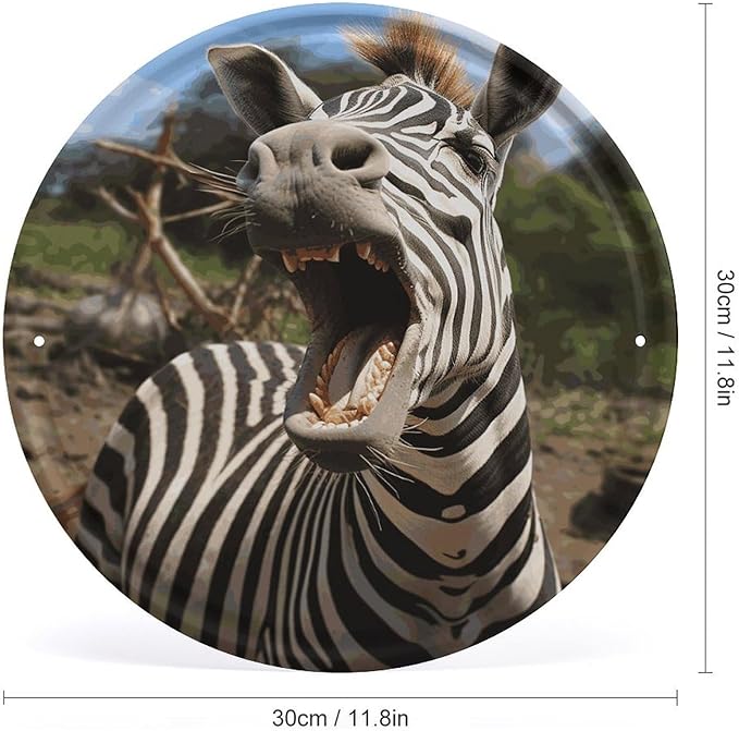 Wall Picture, with Funny Zebra Printed Circular Iron Hanging Picture,Wall Art Decor,Home for Bedroom Living Room Bathroom Decor,Iron Painting 11.8X11.8 in
