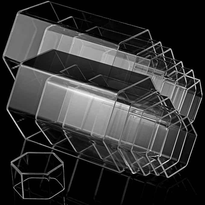Jetec 12 Pcs Hexagonal Jewelry Display Risers Hexagonal Market Display Risers Stands Acrylic Showcase Acrylic Stand for Jewelry Model Figures Decoration, 6 Sizes (Clear)