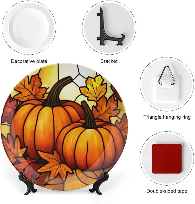 pumpkin theme Decorative Ceramic Plate Round Porcelain Plate,10 inch,Autumn Stained Glass pattern,for Decorative Ornaments Giving Plates,1 Plate with 1 Display Stand,Orange red