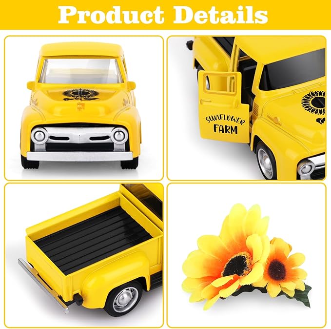 Sunflower Vintage Metal Truck Mini Metal Farm Truck Decor with Sunflower Bouquet Farmhouse Rustic Pickup Tiered Tray Decor for Home Kitchen Shelf Table Decor Yellow