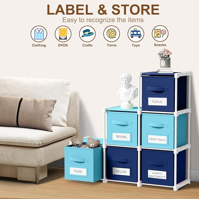Geelin 6 Blue Cube Storage Organizer with Fabric Bins and Labels, 11 Inch Collapsible Toy Organizer Shelf Storage Bins Dresser Drawer for Boys Bedroom Nursery Playroom Room Decor
