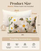Embroidered Lumbar Pillow Cover 20x12 Inch - Spring Summer Boho Decorative Pillow Cover with Zipper for Living Room Couch Sofa Bed Aesthetic Design Flower Bee Cushion Pillowcase