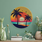 Coconut Trees Theme Decorative Ceramic Plate Round Porcelain Plate,8 inch,Sunset Silhouette Pattern,for Decorative Ornaments Giving Plates,1 Plate with 1 Display Stand,Orange Blue