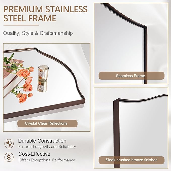 ANDY STAR 24"x36" Bronze Bathroom Mirror, Rectangle Scalloped Wall Mirror in Stainless Steel Metal Frame, Modern Brushed Bronze Finish with Curved Edge Design, Wall-Mount Vertically or Horizontally