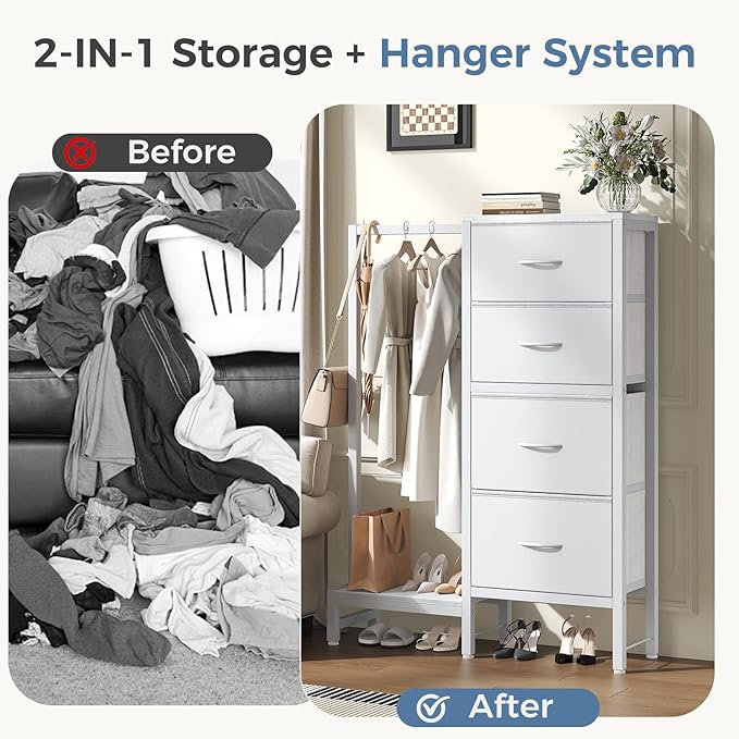 OLIXIS 4 in 1 Storage with Hanging Rack, Clothes Rack Shoes Rack, Bag Hook, Tall Storage Tower, Sturdy Frame for Bedroom Entryway Living Room White