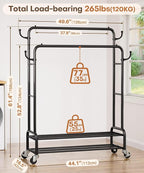 Homde Heavy Duty Clothes Rack: 265lb Rolling Double Rod Garment Hanging - Metal Coat Organizer Storage Display Shelf on Wheels for Bedroom Laundry