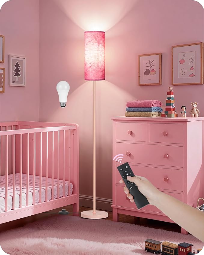 Dimmable Floor Lamps for Living Room with Remote and Foot Switch, 64.4” Modern Standing Tall Lamp, Corner Lamp for Bedroom, Bulb Included, 3000K-6500K, FCC Listed, Sakura Pink PCP06LD05W1