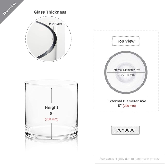 WGV Cylinder Vase Bulk, Width 8", Height 8", Clear Wide Large Diameter Flower Glassware, Floral Container, Planter Terrarium for Wedding Party Event, Home Accent Decor, 6 Pieces