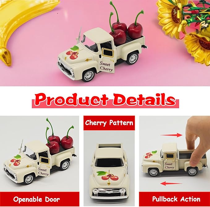 Cherry Decor – 4.9″Sweet Cherry Vintage Metal Truck with 3 Fake Cherries for Themed Party Decorations, Home Kitchen Centerpieces for Tables, Farmhouse Pickup Truck Tiered Tray Decor Gifts(White)