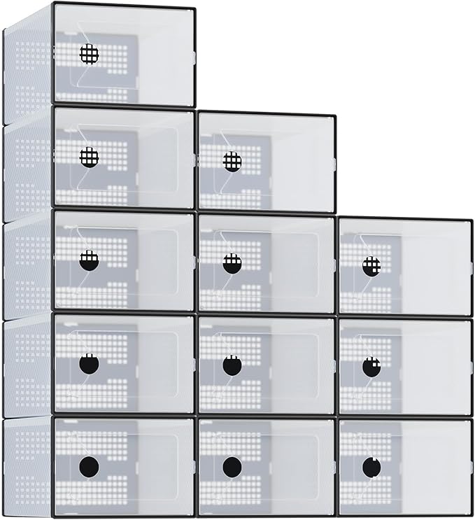 NEWBULIG 36 Clear Shoe Storage Boxes, Shoe Organizer for Closet with Lid, Plastic Stackable Breathable Shoe Cabinet with Lid for Sneakers, Heels & Boots, Black