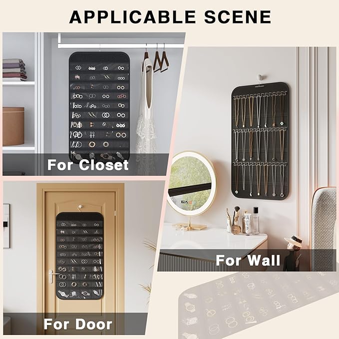 2-Pack Hanging Jewelry Organizer Storage, 40 Pockets 36 Hooks Necklace Earring Necklace Bracelet Ring Organizer, Double - Sided Design, Black