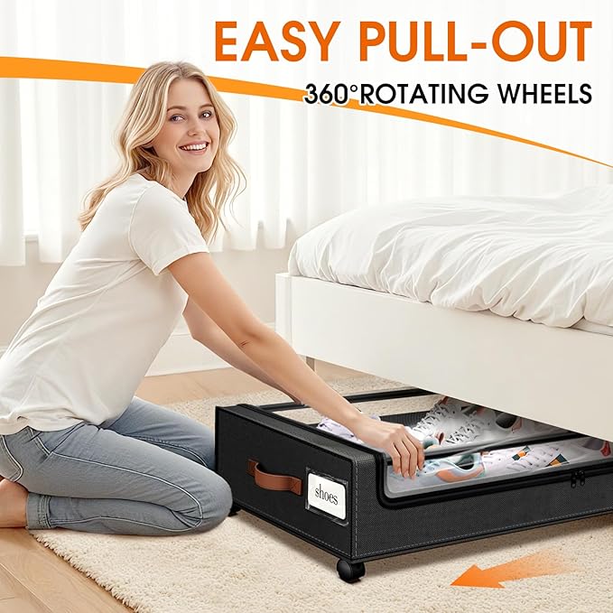 Under Bed Storage with Wheels 2Pack Storage Containers with Clear Window&Label Under Bed Drawers Rolling Under Bed Storage for Clothes,Shoes, Blankets (30.71 x 16.93 x 6.69 in, Black)