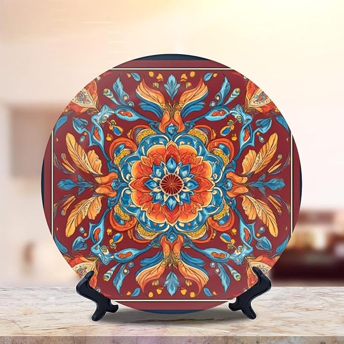 Decorative Plates for Display 10" Ornate Baroque Floral Mandala Rich Red Orange Blue Hues Ceramic Ornament with Display Stand and Hook Up for Wall Decor Hanging Festival Wedding Gift