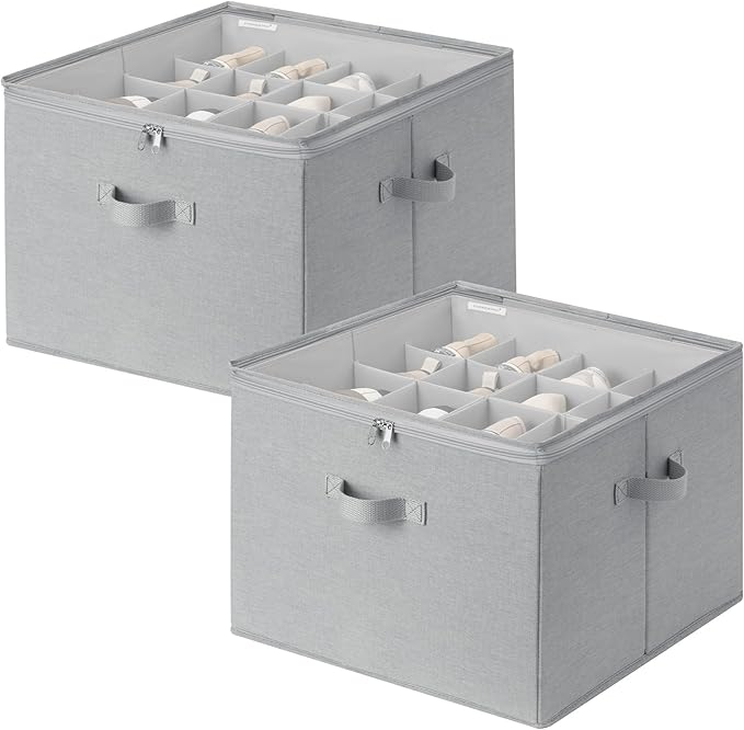 StorageWorks 2 Pack Shoe Organizer for Closet, Foldable Shoe Storage Box with Adjustable Dividers, Fabric Shoe Boxes Organizer for 32 Pairs, Closet Organizers and Storage Bin for Boots, Sneakers, Grey
