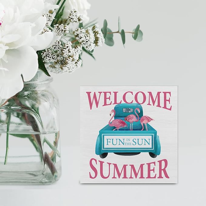 Country Flamingo Truck Wood Box Sign Decor Desk Sign Welcome Summer Quote Flamingo Wooden Box Block Sign Rustic Home Shelf Wall Decoration