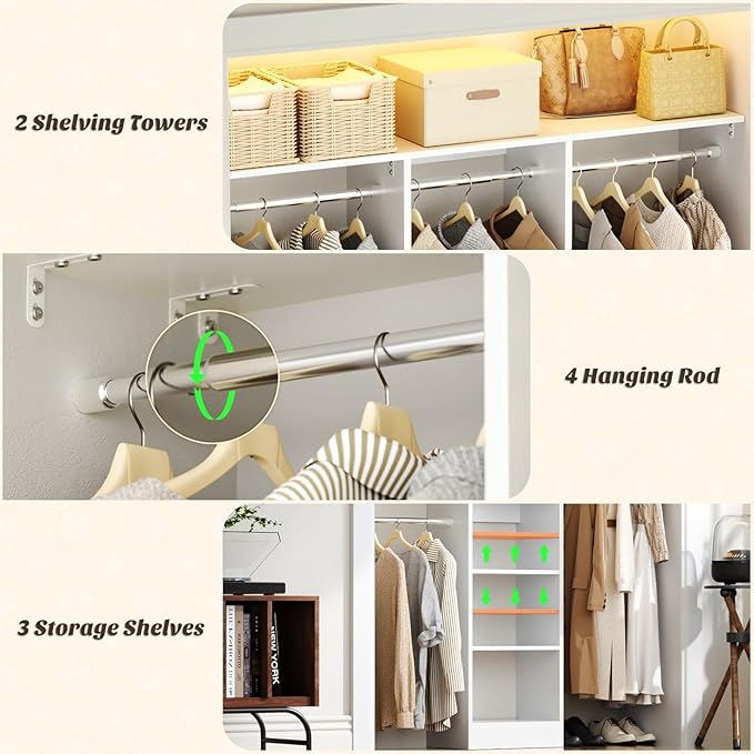 48" Closet Organizer System, 4FT Closet System for Small Closets with 4 Hanging Rods & 3 Shelves, 80"H Small Closet Organizers and Storage for Bedrooms, Cloakrooms, White