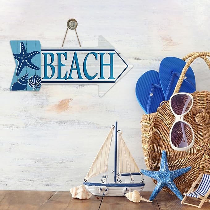 Coastal Beach Arrow Front Door Sign, Summer Nautical Sea Starfish Conch Shell Wood Plaque Hanger Outdoor Outside Porch Home Decor, Ocean Farmhouse Wooden Wreath Indoor Wall Hanging Decoration
