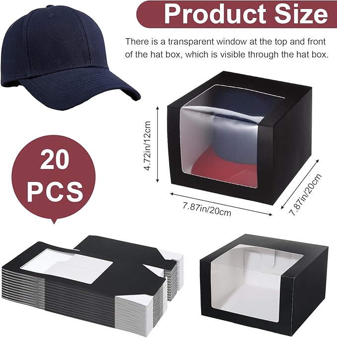 20 Pcs Hat Boxes for Shipping, Black Hat Gift Box with Window Display - Foldable Storage Container for Baseball Caps, Snapbacks, Dad Hats, Billed Caps 7.87 x 7.87 x 4.72 Inches