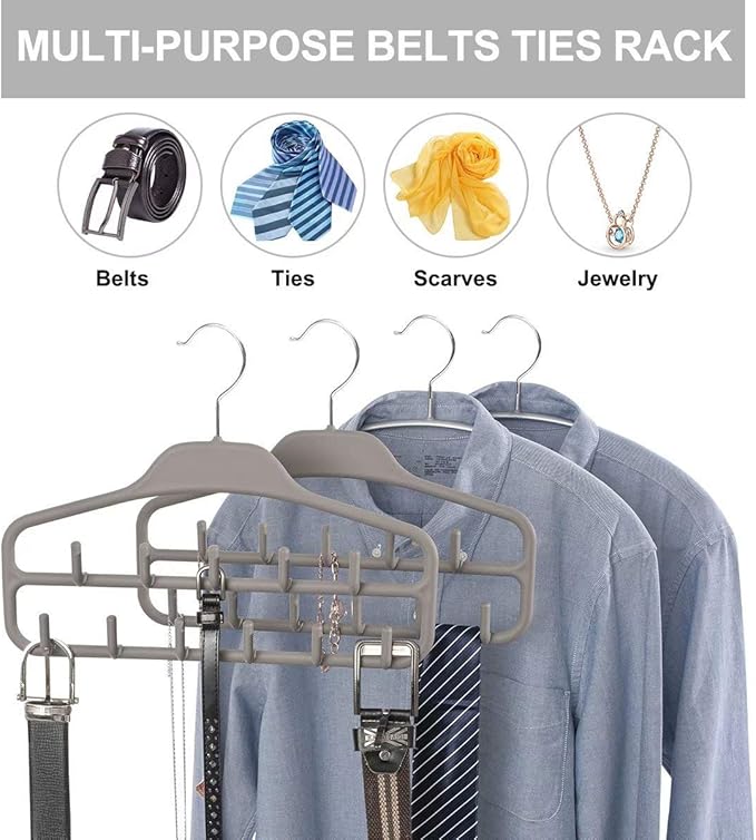 FairyHaus Belt Hanger Organizer 2 Pack, Non Slip Tie Rack Holder, Durable Hanging Closet Accessory Hooks for Belts, Ties, Jewelry, Scarves, Tank Tops, Grey