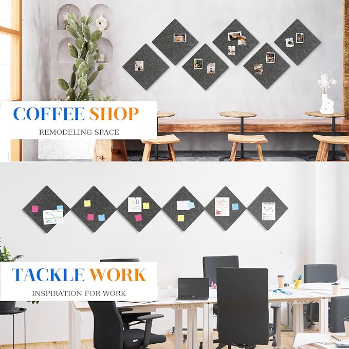 DOLLAR BOSS Felt Cork Board Tiles, 6 Packs 12" x 12" 1/2" Thick Cork Bulletin Board Self Adhesive Corkboards for Walls with 60 Pushpins for Home Office Kitchen School Decor Display, Grey