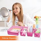 25 PCS Plastic Drawer Organizer Set, 4-Size Versatile Organizer Trays & storage Bins for Makeup, Jewelry, and Gadgets in Bathroom, Bedroom and Office, Clear Pink