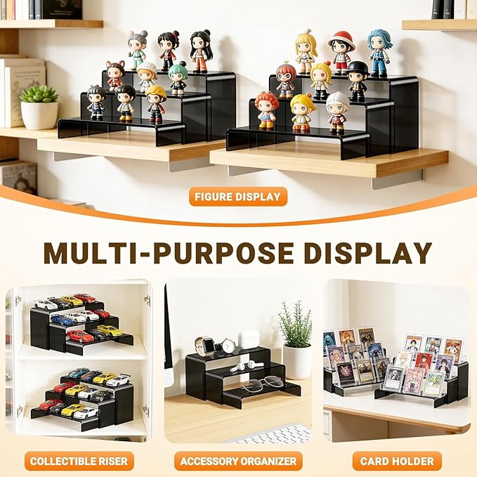 FUNFERY Acrylic Display Risers, 2 Set(7.8" L~8.2" L~8.6" L~9”L) Display Shelf for Figure, Collectibles, Cupcake, Black Acrylic Stands for Dessert, Jewelry, Candy Showcase, 4 Tier Action Figure Stand
