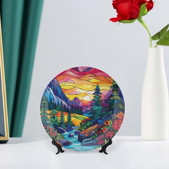 Stained Glass Theme Decorative Ceramic Plate Round Porcelain Plate,6 inch,Sunset Forest Stream Pattern,for Decorative Ornaments Giving Plates, 1 Plate with 1 Display Stand,Multicolor