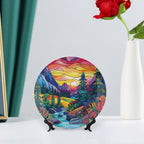 Stained Glass Theme Decorative Ceramic Plate Round Porcelain Plate,6 inch,Sunset Forest Stream Pattern,for Decorative Ornaments Giving Plates, 1 Plate with 1 Display Stand,Multicolor