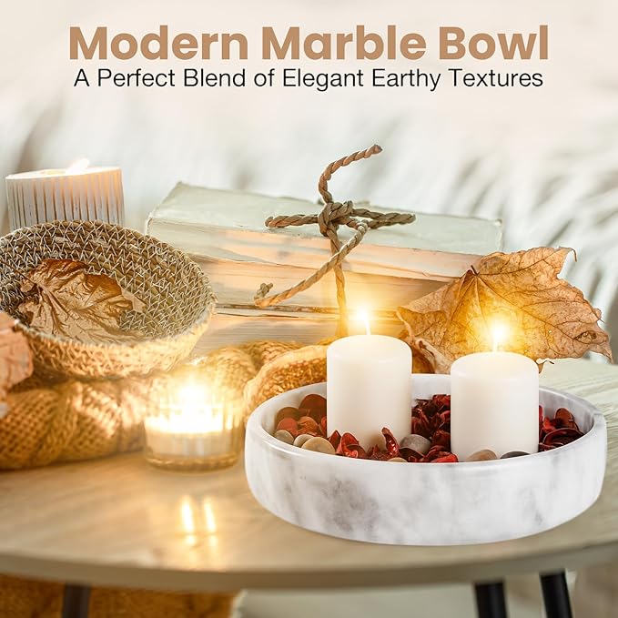 FNTSTICGOODS Marble Decorative Bowl - 7.5" White/Grey Solid Marble Centerpiece - Handmade Stone Fruit Bowl - Catch-All or Key Bowl for Kitchen - Modern Minimalist Decor