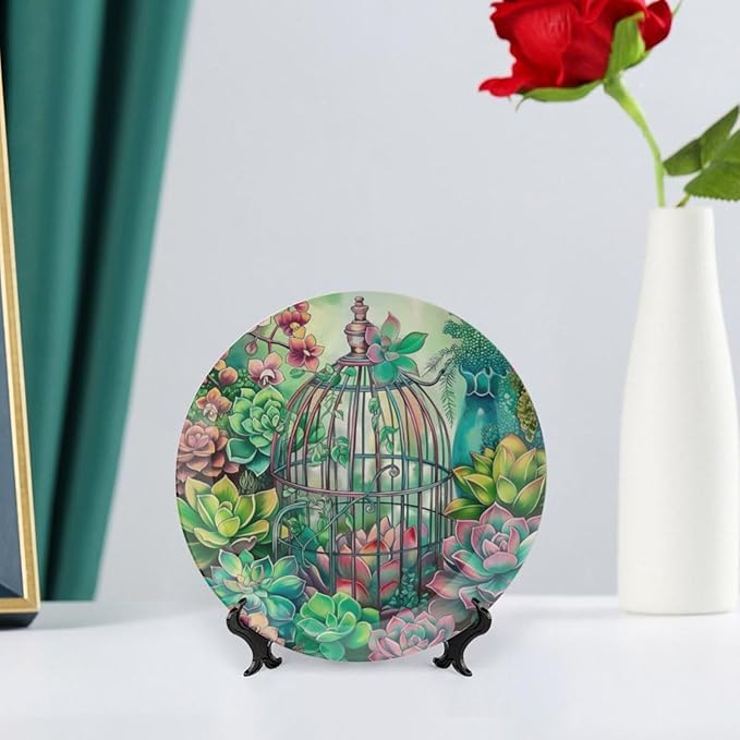 Garden Scenery Theme Decorative Ceramic Plate Round Porcelain Plate,Succulents and Bird Cage Pattern,for Decorative Ornaments Giving Plates, 1 Plate with 1 Display Stand,Green,6 inch