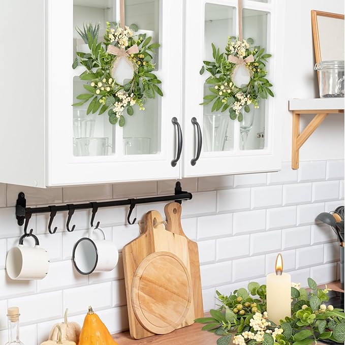 6 Pcs Green Eucalyptus Swag Wreaths for Pillars Spring Summer Kitchen Cabinet Wreaths Mini Green Berry Leaves Wreath with Ribbon for Front Door Porch Wall Window Farmhouse Decoration