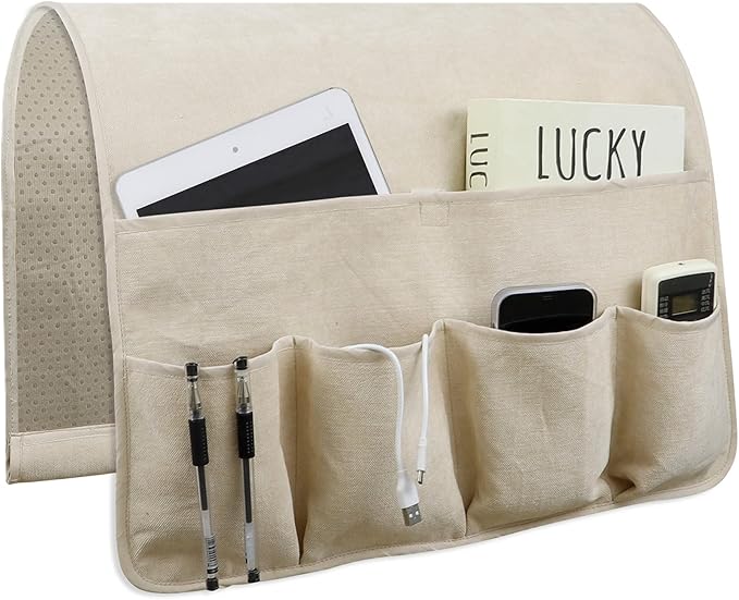 NB Sofa Armrest Organize Remote Holder Bedside Caddy Organizer With 5 Pockets，Non-Slip Couch Remote Control Holder Couch Armchair Caddy Accessories (Beige, 35''X18'')