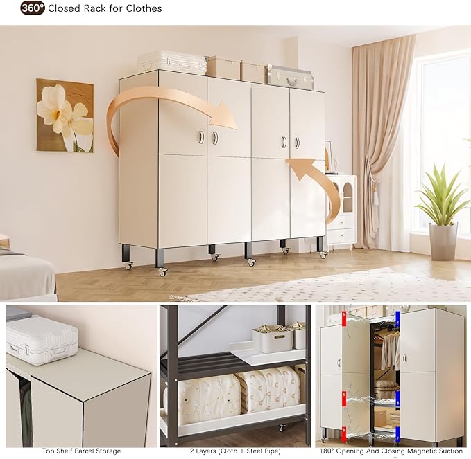 Heavy Duty Portable Closet with Cover Magnetic Doors, Metal Rolling Clothes Rack Heavy Duty 1500LBS, Foldable Clothing Rack, Garment Racks for Bedroom/ LivingRoom/ Rental (KT Off-white, 59.05in)