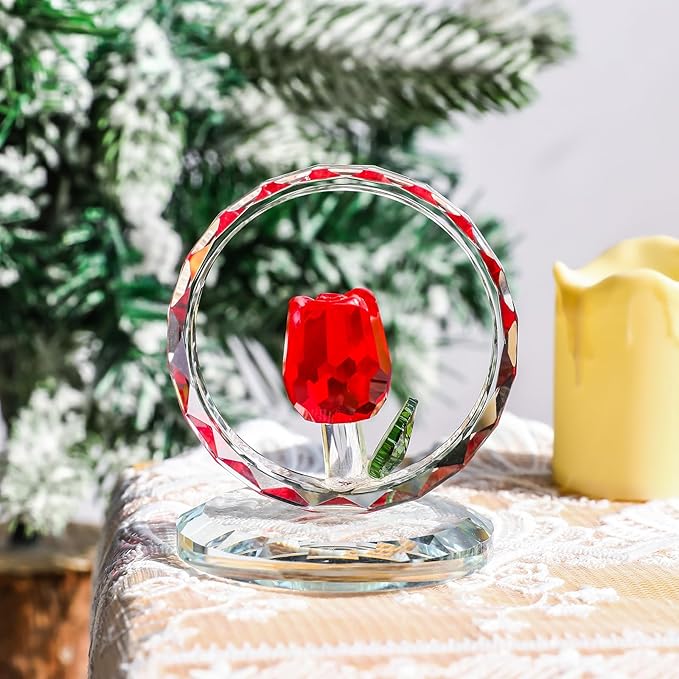 LONGWIN Crystal Red Rose Flower Figurine Collectible Glass Spring Bouquet Decorative Ornaments for Home Office,Romantic Valentine’s Day, Anniversary & Wedding Gifts for Women