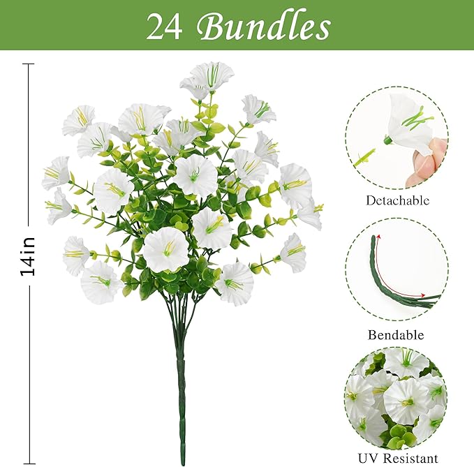 Waipfaru Artificial Flowers for Outdoors, 24 Bundles Faux Plants Outdoor, UV Resistant Artificial Plants, Silk Petunias Fake Flowers for Outside Home Decor Planter Porch Decoration, White