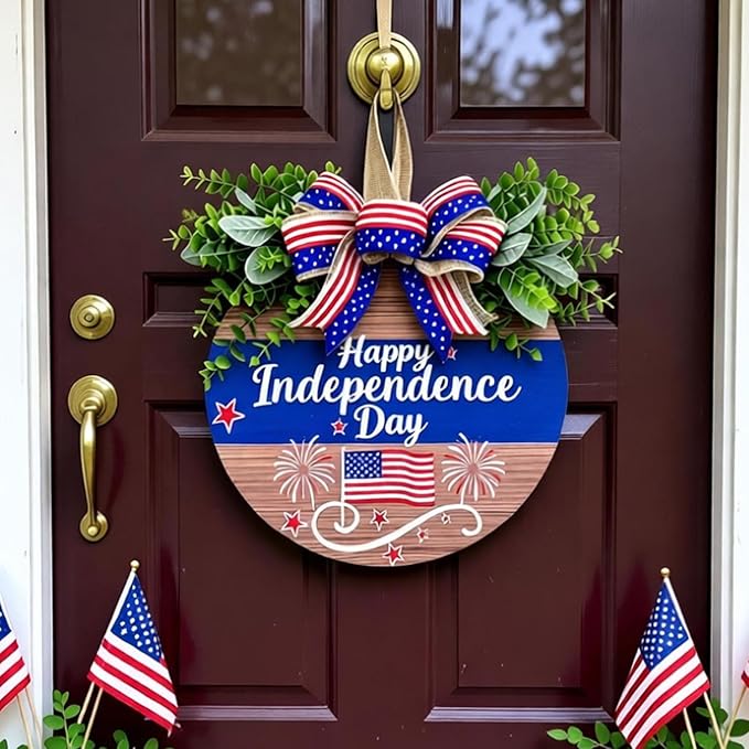 4th of July Wreaths Decorations for Front Door with Large Bow, USA 250th Anniversary Merchandise, Independence Day & Summer Patriotic Decorations for Garden & Patio (Color-Day)