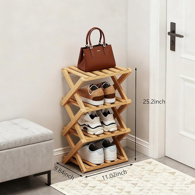 Simcat Bamboo Shoe Rack, Portable Folding Shoe Storage Rack,No Installation Free Standing Shoe Rack for Entryway, Closet, Dorm/Small Spaces (4 Tier)