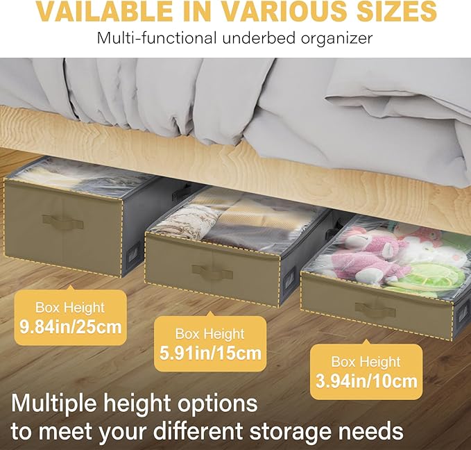 4-Inch Under Bed Storage Containers (2-Pack) | Sturdy Sidewalls | Clear Cover & Label Holder | Foldable Fabric Closet Bin Organizer | Stores Clothing/Blankets/Sweaters/Sheets