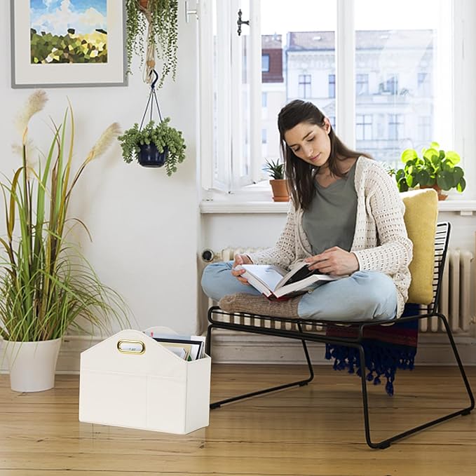 Magazine Holder PU Leather Magazine Rack Floor foldable Magazine Basket Organizer Newspaper Storage Bin Document File Holder for Home Office - white