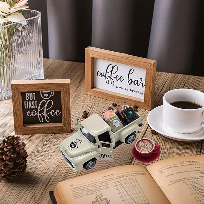 Coffee Bar Decor Vintage Mini Metal Pickup Truck Decor with Book Accessories for Coffee Station, Farmhouse Tiered Tray Table Decorations for Home Kitchen, Cafe