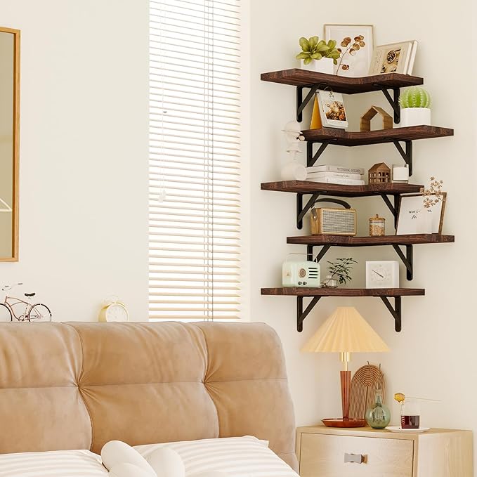 Fixwal Floating Shelves for Wall Set of 5, Rustic Wood Wall Mounted Corner Shelf for Bathroom, Kitchen, Bedroom, Home Decor, Laundry Room, Living Room (Walnut Brown)