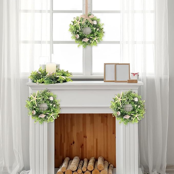 6 Pcs Shell Starfish Swag Wreath Summer Wreaths for Kitchen Cabinet Mini Artificial Rustic Farmhouse Wreaths with Ribbon for Pillar Front Door Porch Wall Window Farmhouse Decoration