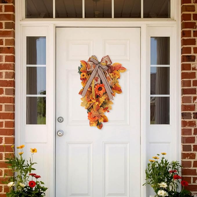 Harvest Teardrop Swag, 20inch Fall Teardrop Swag with Maple Leaves, Bow and Sunflowers, Autumn Decorative Swag Fall Floral Swag for Home Door Wall Decor(Without Light)