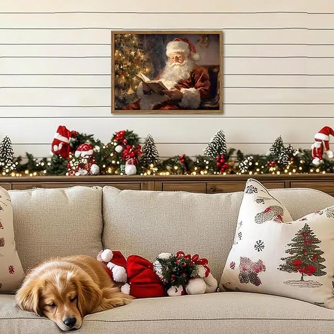 Framed Vintage Christmas Canvas Wall Art, Santa Claus Reading Book Paintings Wall Decor, Rustic Winter Holiday Pictures Prints for Living Room Bedroom Home Decoration 16×24 inch