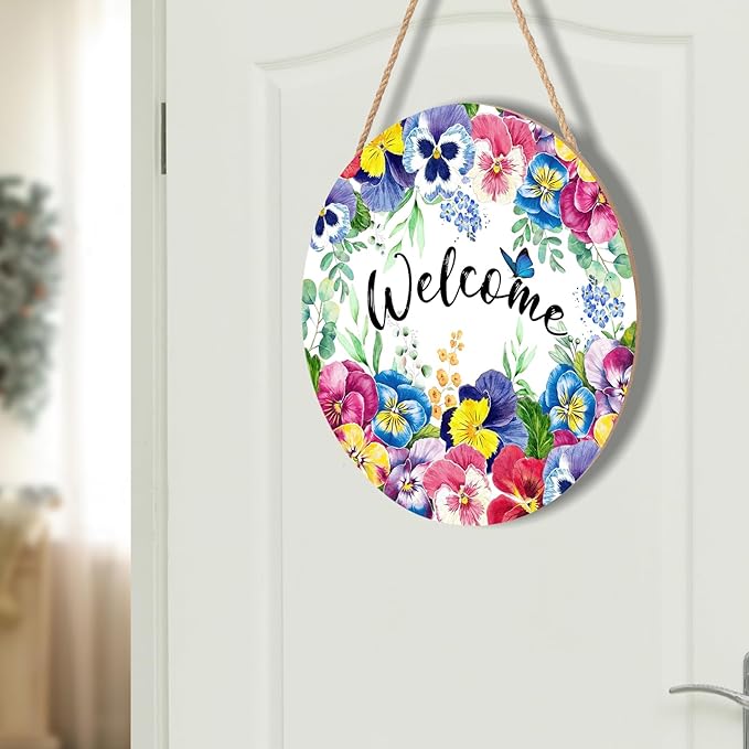 Harooni Welcome Spring Summer Floral Flowers Wreaths Sign for Front Door Decor Farmhouse Spring Wood Door Hanger Rustic Wooden Welcome Spring Hanging Door Wall Sign for Outdoor Outside Porch 12”x12”