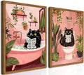 Framed Funny Bathroom Black Cat Canvas Wall Art Set of 2, Cute Cat Reading Newspaper on Toilet Pictures Wall Decor, Humor Animal in Bathtub Paintings Prints for Restroom 12x16 inch