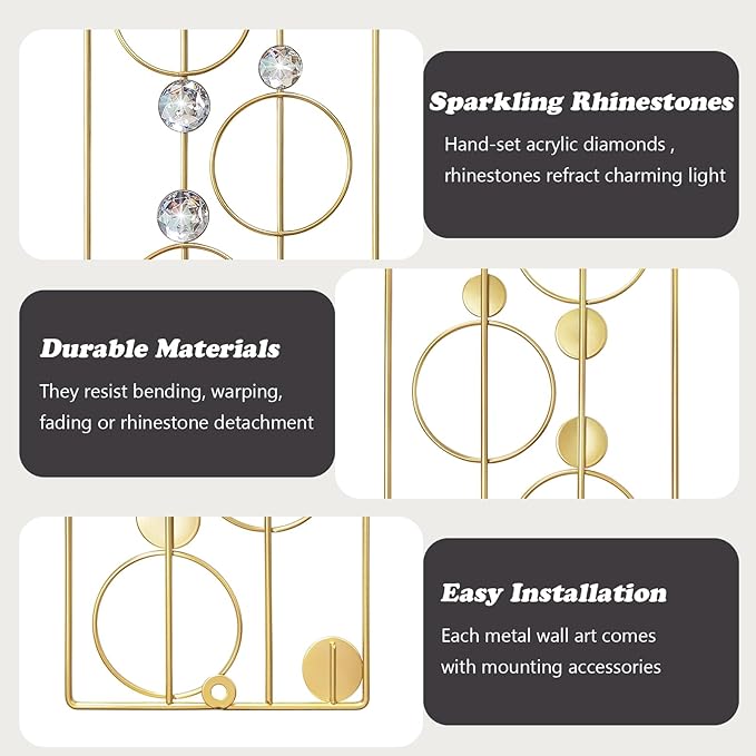 ZEXUIRU 2 Pcs Abstract Metal Art for Wall Decor Living Room Bedroom Bathroom Office Metal Bling Modern Geometric Hanging Vertical Small Iron Sculpture Plaque Pack -Gold 15.7in